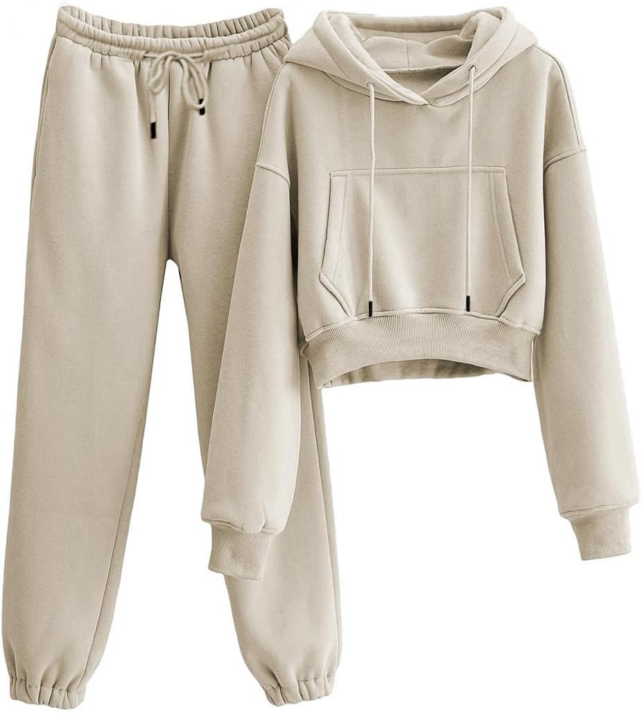 LTSCNRM Women’s 2 Piece Airport Outfits Fleece Crop Hoodies Pullover Sweatshirt Sweatsuits Joggers Pants Pockets