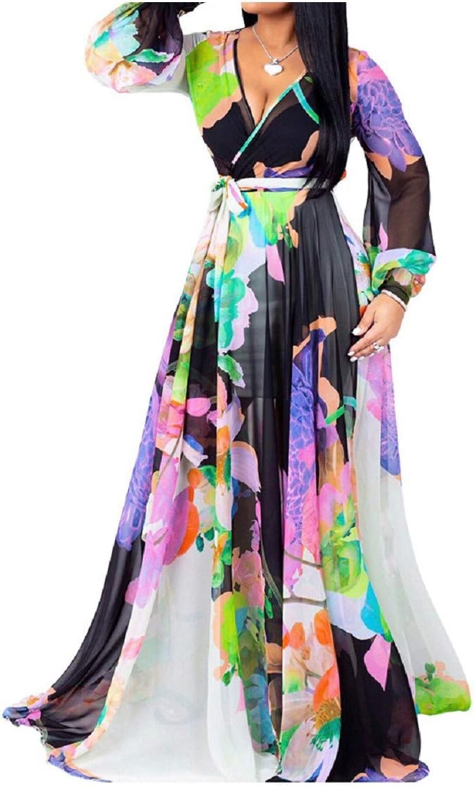 lvenzse Womens Maxi Dress Boho Chiffon Floral Printed V-Neck Long Dresses