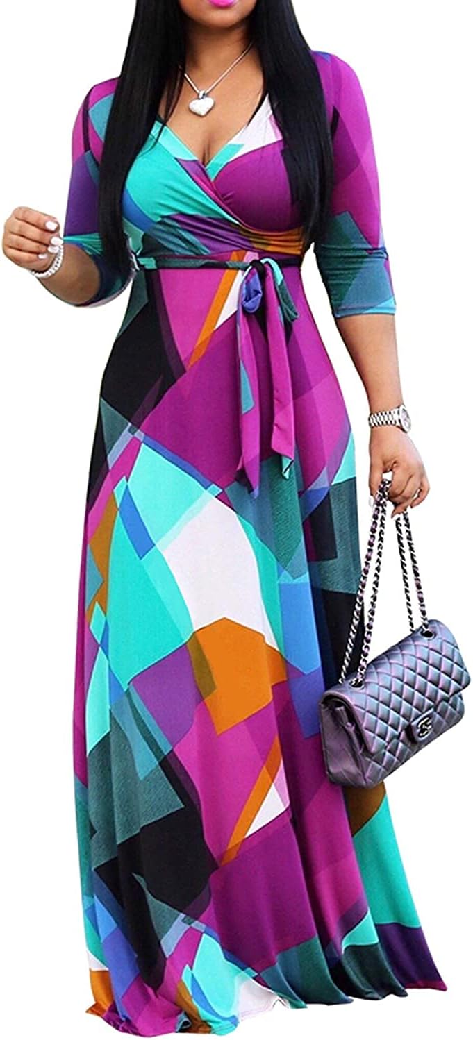 FANDEE Plus Size Maxi Dress for Women Casual Summer Sundress V-Neck 3/4 Sleeve