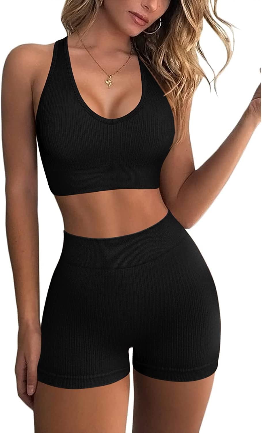 Workout Sets for Women 2 Piece Outfits Gym Yoga Clothing Ribbed Tank Crop Tops Seamless High Waist Booty Biker Shorts