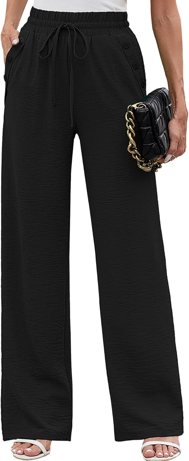 Heymoments Women’s Wide Leg Lounge Pants Lightweight High Waisted Adjustable Tie Knot Loose Fit Trousers with Pockets