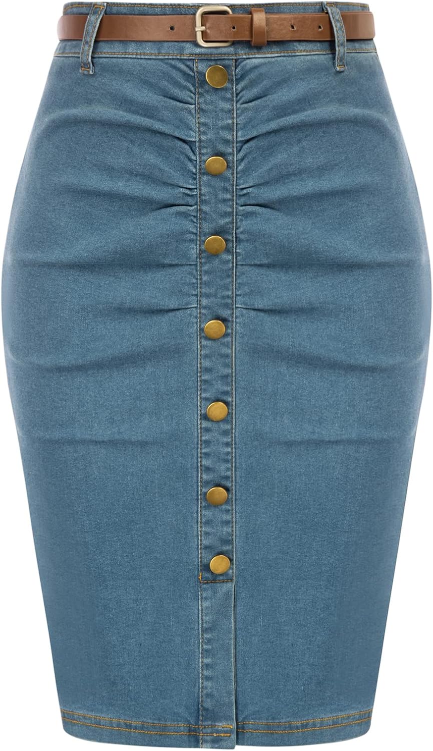 Belle Poque Denim Pencil Skirt for Women Ruched Bodycon Jeans Skirt with Belt High Waisted Pencil Skirts