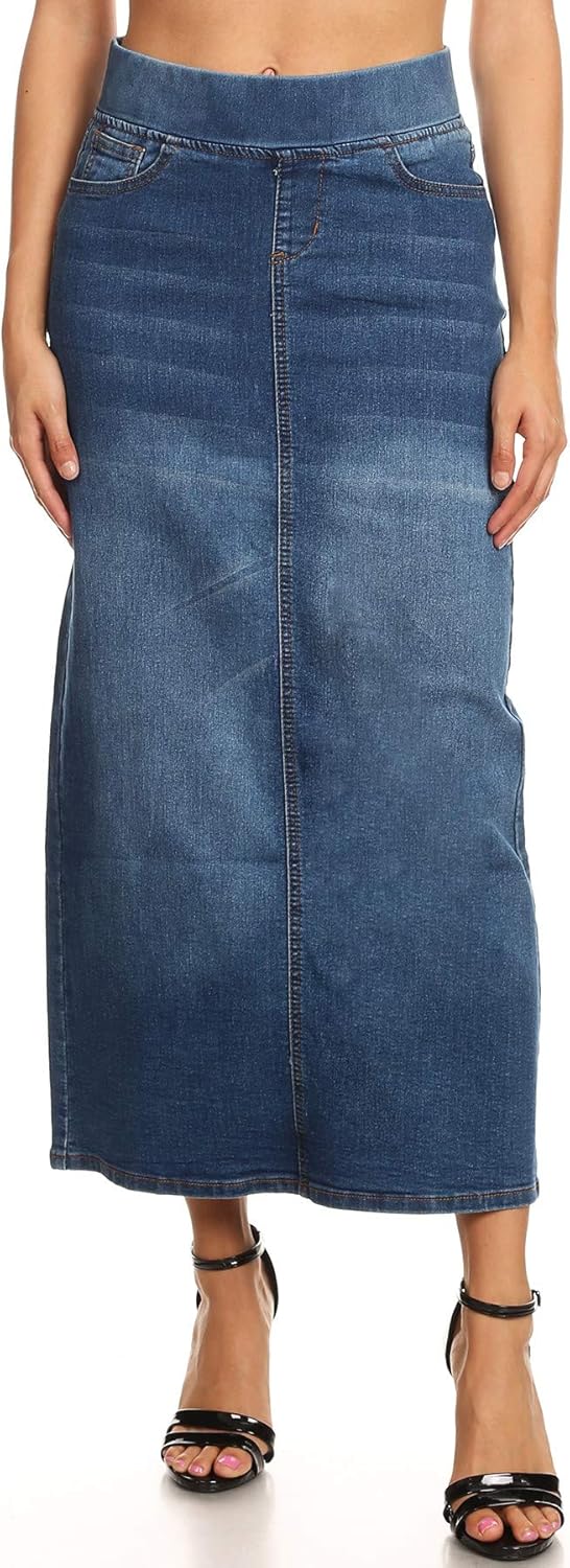 Fashion2Love Women’s Juniors/Plus Size High Waisted Shaping Pull-On Stretch Denim Long Skirt