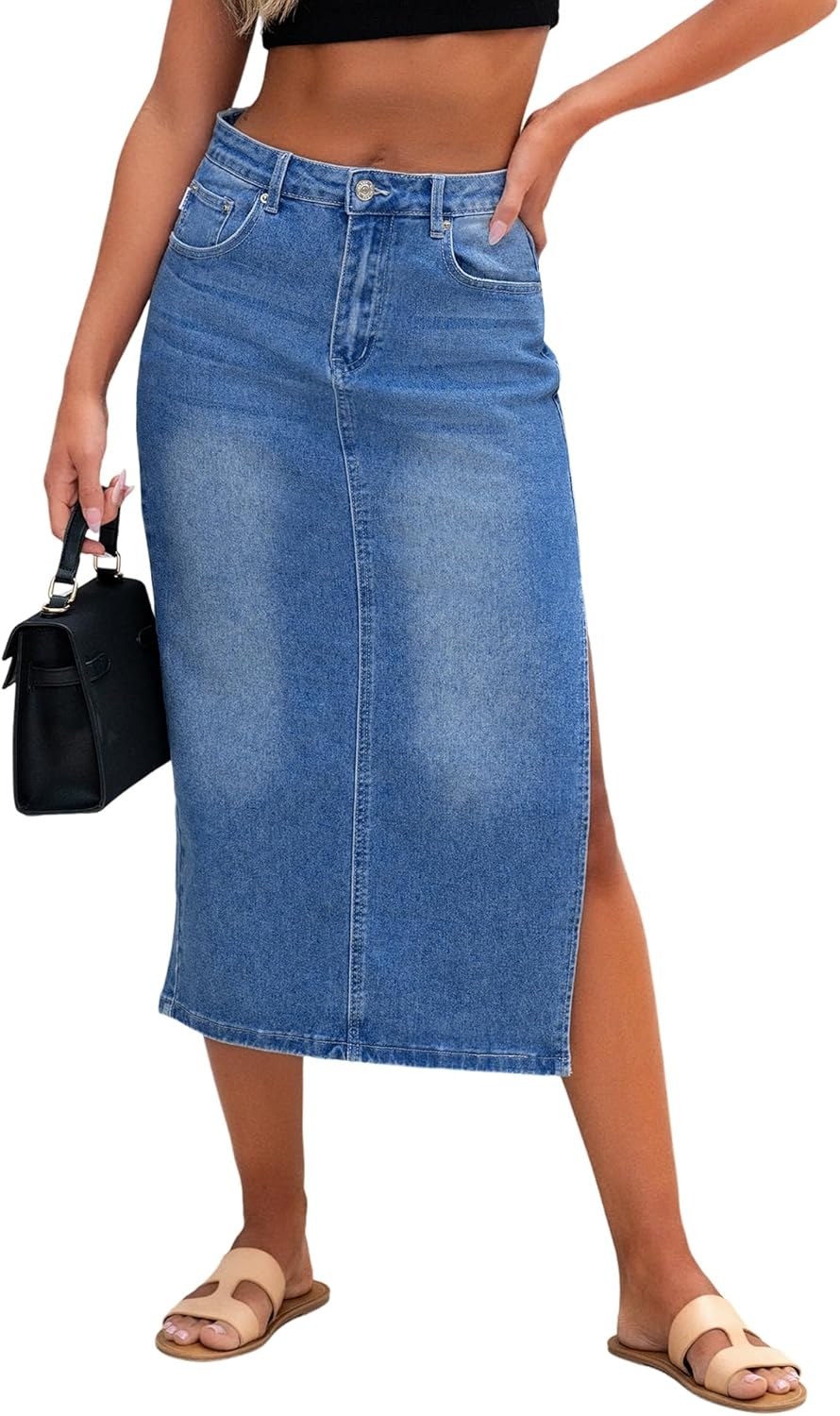 Genleck Women Denim Maxi Skirt Casual High Waist Jean Skirts with Side Split 2024