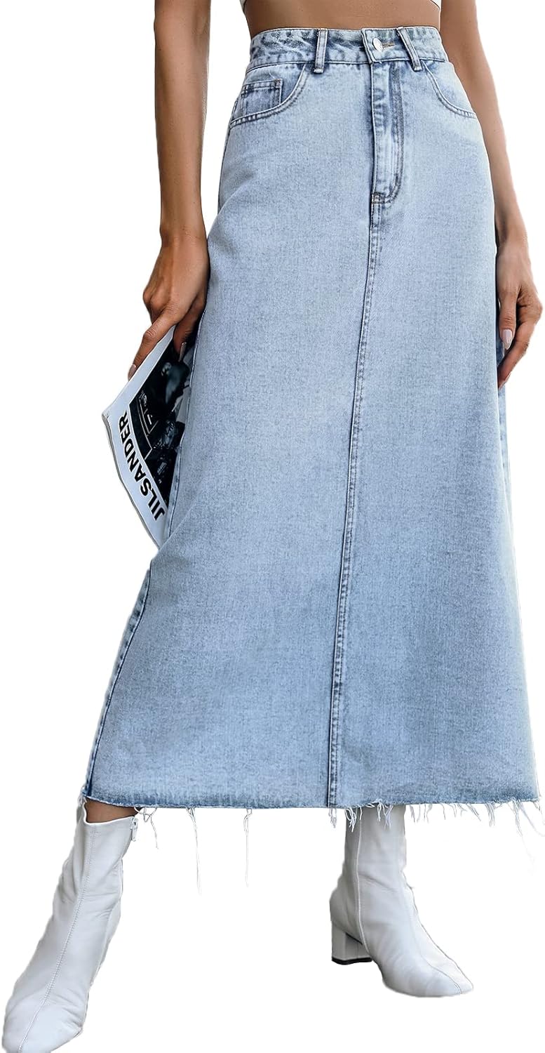 Long Denim Skirts for Women Maxi Paperbag High Waist Frayed Raw Hem A line Flare Jean Skirt with Pockets