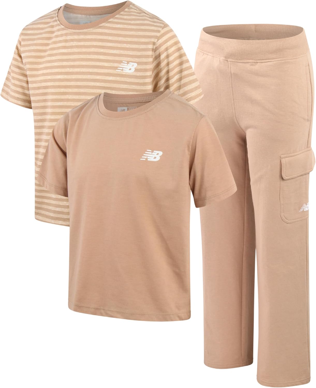 New Balance Girls’ Activewear Set – 3 Piece Performance Crewneck T-Shirts and Wideleg Cargo Pants Set for Girls (7-16)