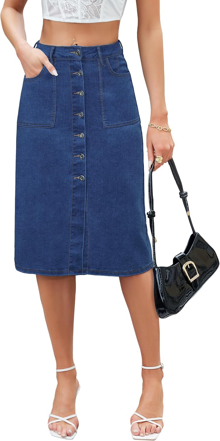 Denim Skirt Women Long Jean Skirts Stretch High Waisted Button Down Front Slit A Line with Pockets