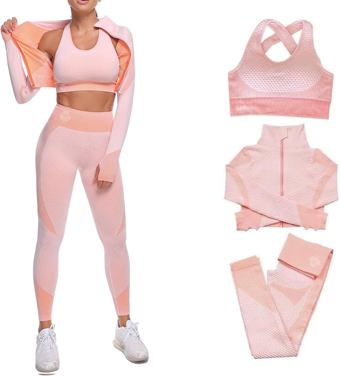 Women’s 3 PC Seamless Gym Clothing Workout Outfit with Jacket Bra & Leggings Set