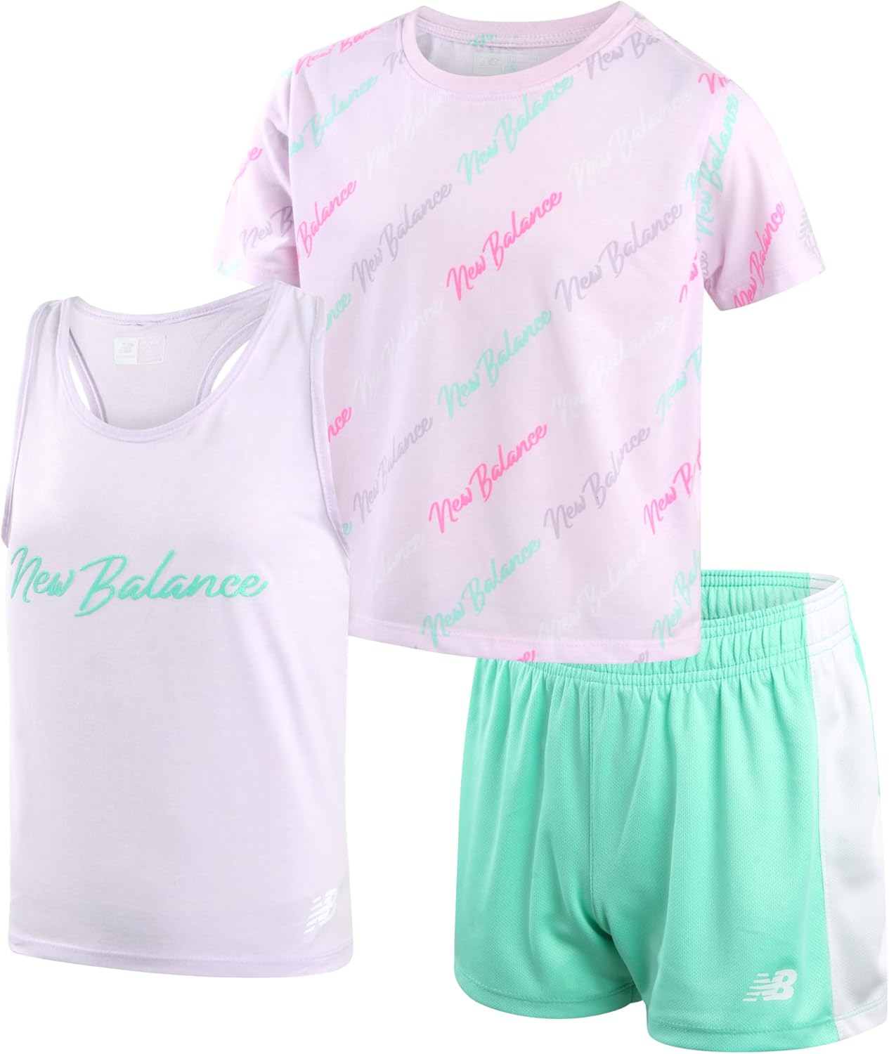 New Balance Girls’ Active Shorts Set – 3 Piece Performance T-Shirt, Tank Top, and Gym Shorts – Summer Outfit for Girls (7-12)