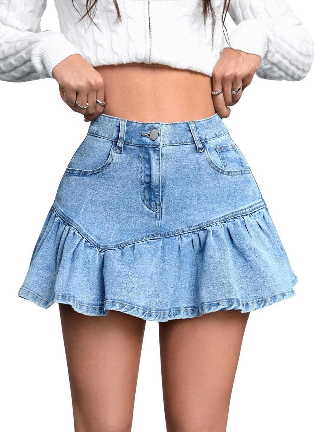 Women’s High Waist Mini Denim Skirt Button Front Ruffle Hem A-Line Short Jean Skirts