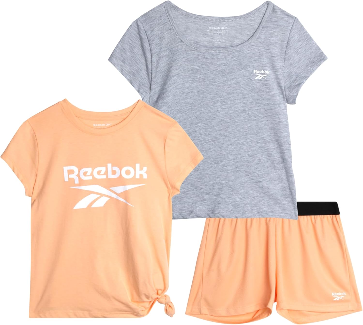 Reebok Girls’ Active Shorts Set – 3 Piece: 2 Short Sleeve T-Shirts and Mesh Dolphin Shorts – Girls Summer Athletic Set (7-12)