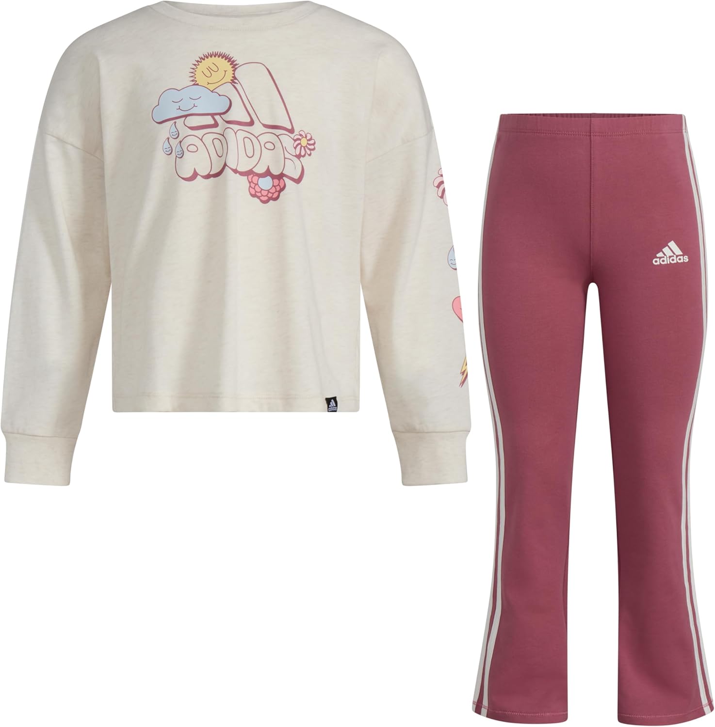 adidas Girls’ 2-Piece Long Sleeve Graphic Tee & Flare Pant Set, Oatmeal Heather Pink, 4T