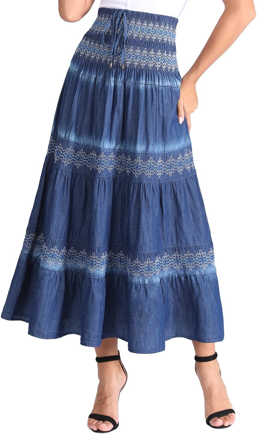 Maxi Denim Skirt Womens High Waist Pleated Tiered Long Skirts, Jean Look with Elastic Waistband, Casual Midi Skirt for Women