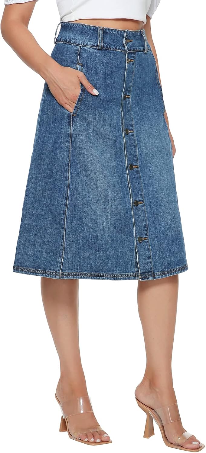 Womens Vintage Stretch Denim Skirt Jean Button Flare Skirt with Pocket…