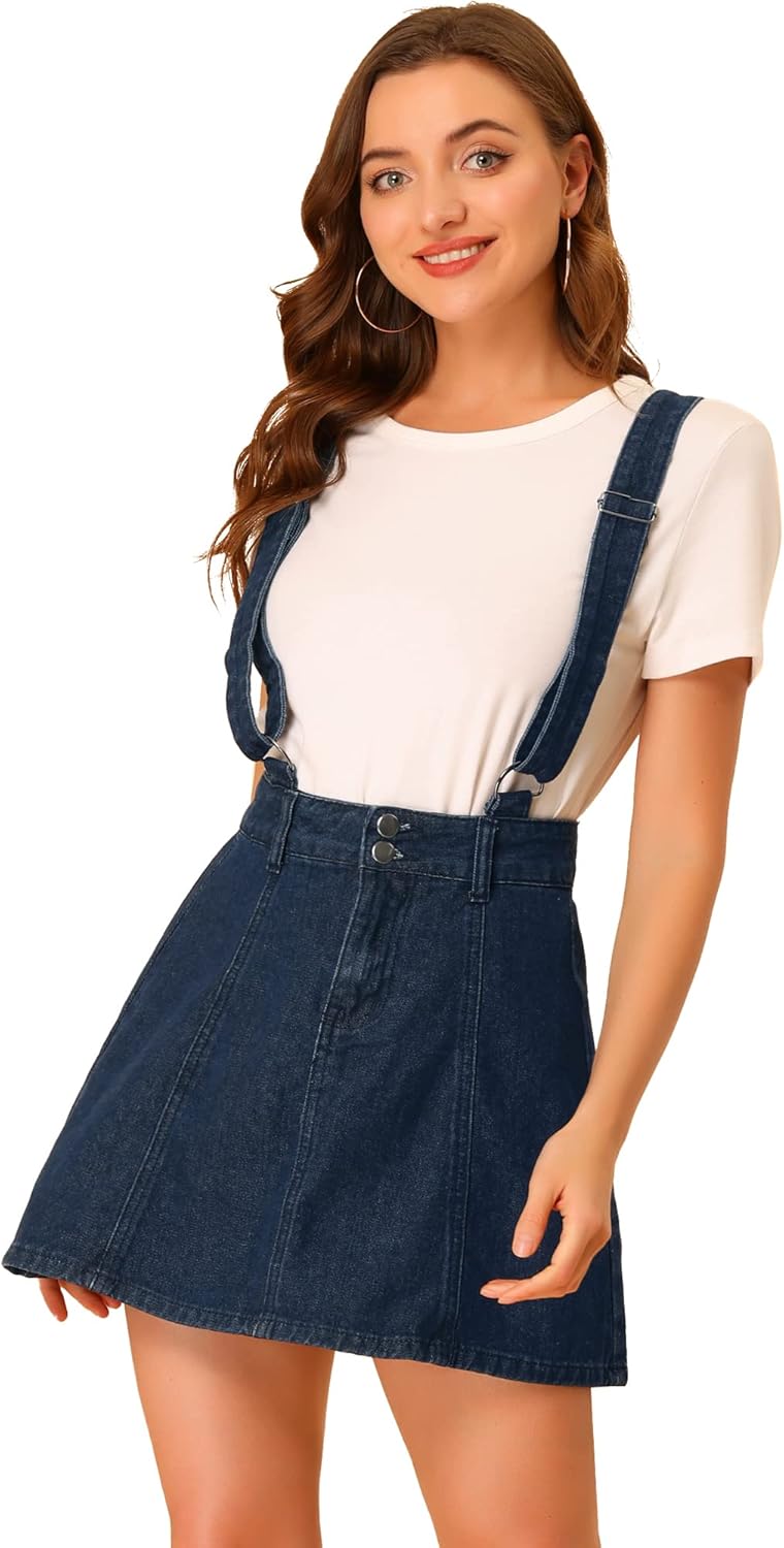 Allegra K Women’s Denim Skirt Overall Adjustable Strap Braces Mini Suspender Washed Jean Skirts