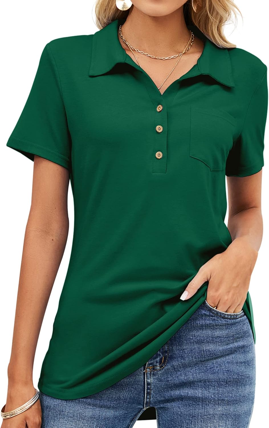 TFSDOD Womens Short Sleeve Polo T Shirts V Neck Business Casual Collared Button Down Tunics Office Work Tops with Pocket