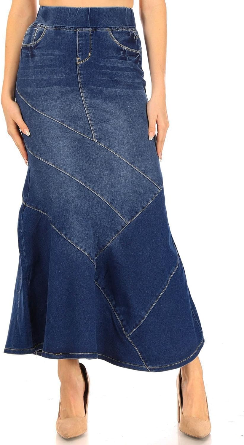 Women’s Juniors/Plus Size Elastic Waist Mermaid Shape Stretch Denim Long Skirt