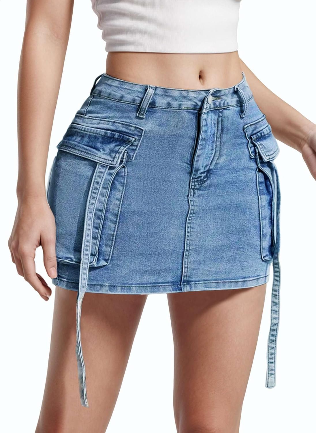 Denim Skirt Women with Pockets Stretchy Cargo Y2k Skirts Low Waist Jean Skirts for Women Denim Mini Skirt