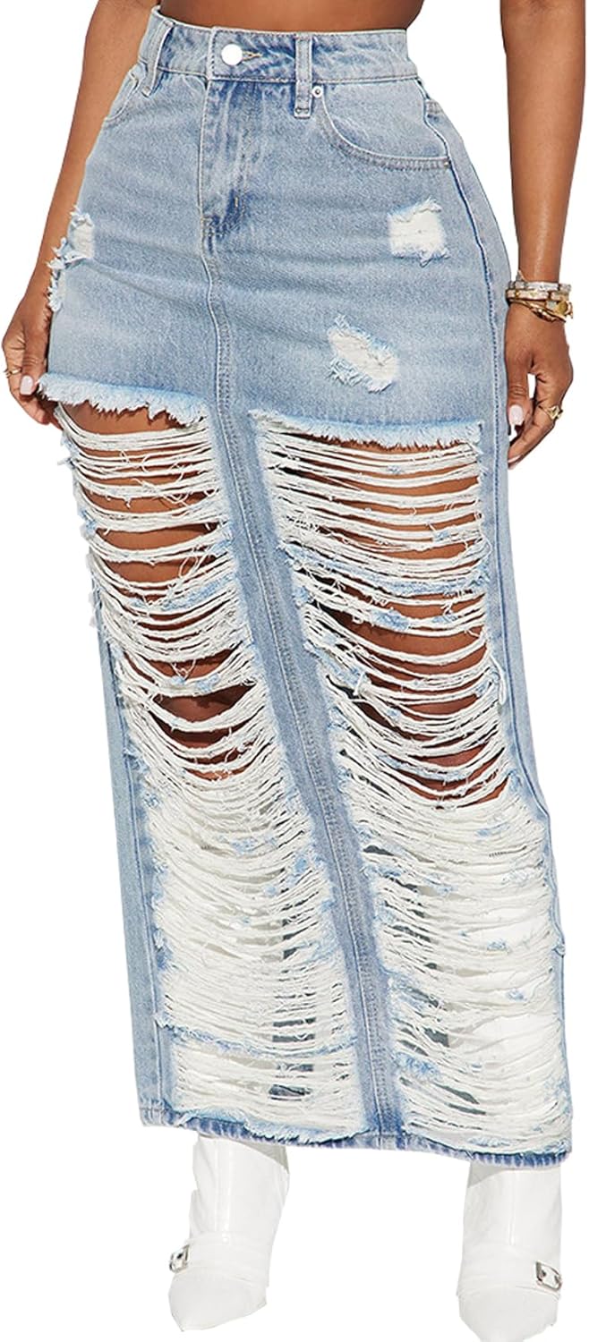 Denim Skirt with Slit Women Summer Casual Rip High Waisted Jean Skirt with Pockets Trendy Rave Active Wear