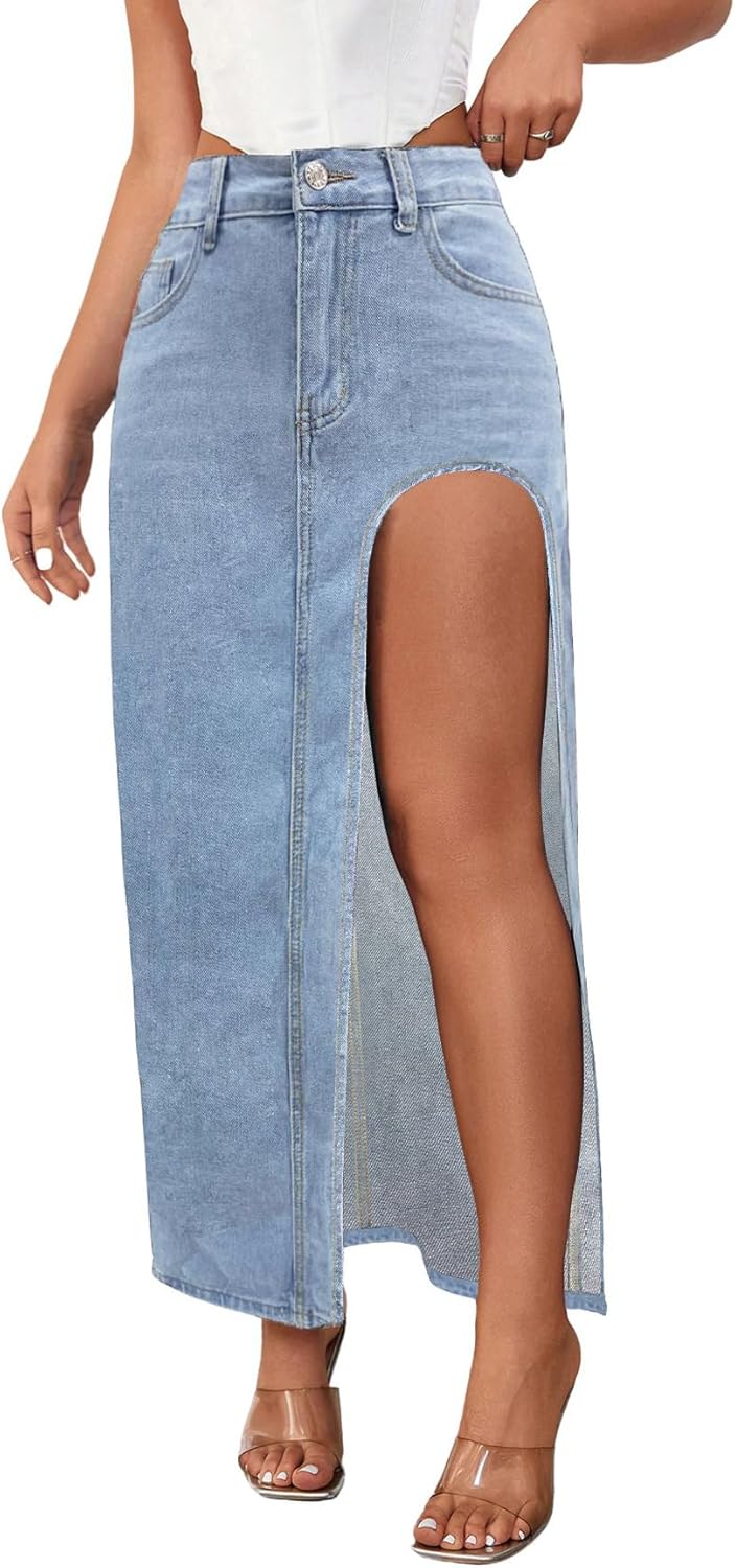 CHARTOU Women’s Sexy High Split Slim Fit Maxi Long Pencil Denim Jean Skirt