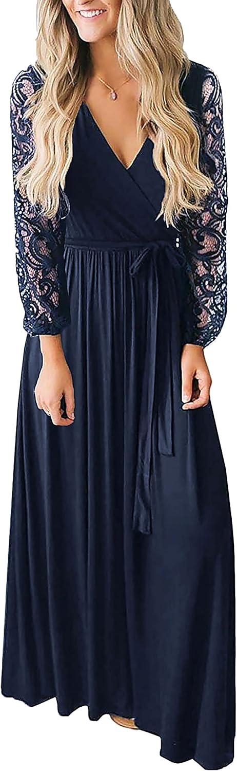 Kranda Womens Vintage Floral Lace Long Sleeve Faux Wrap V Neck Party Long Maxi Dress