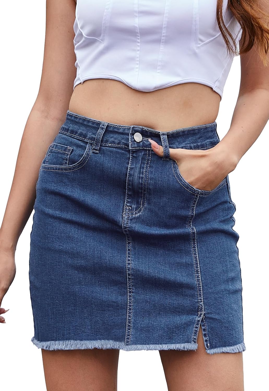 Women’s Denim Mini Skirt High Waist Casual Split Hem Washed Frayed A-line Jean Skirts with Pocket for Women