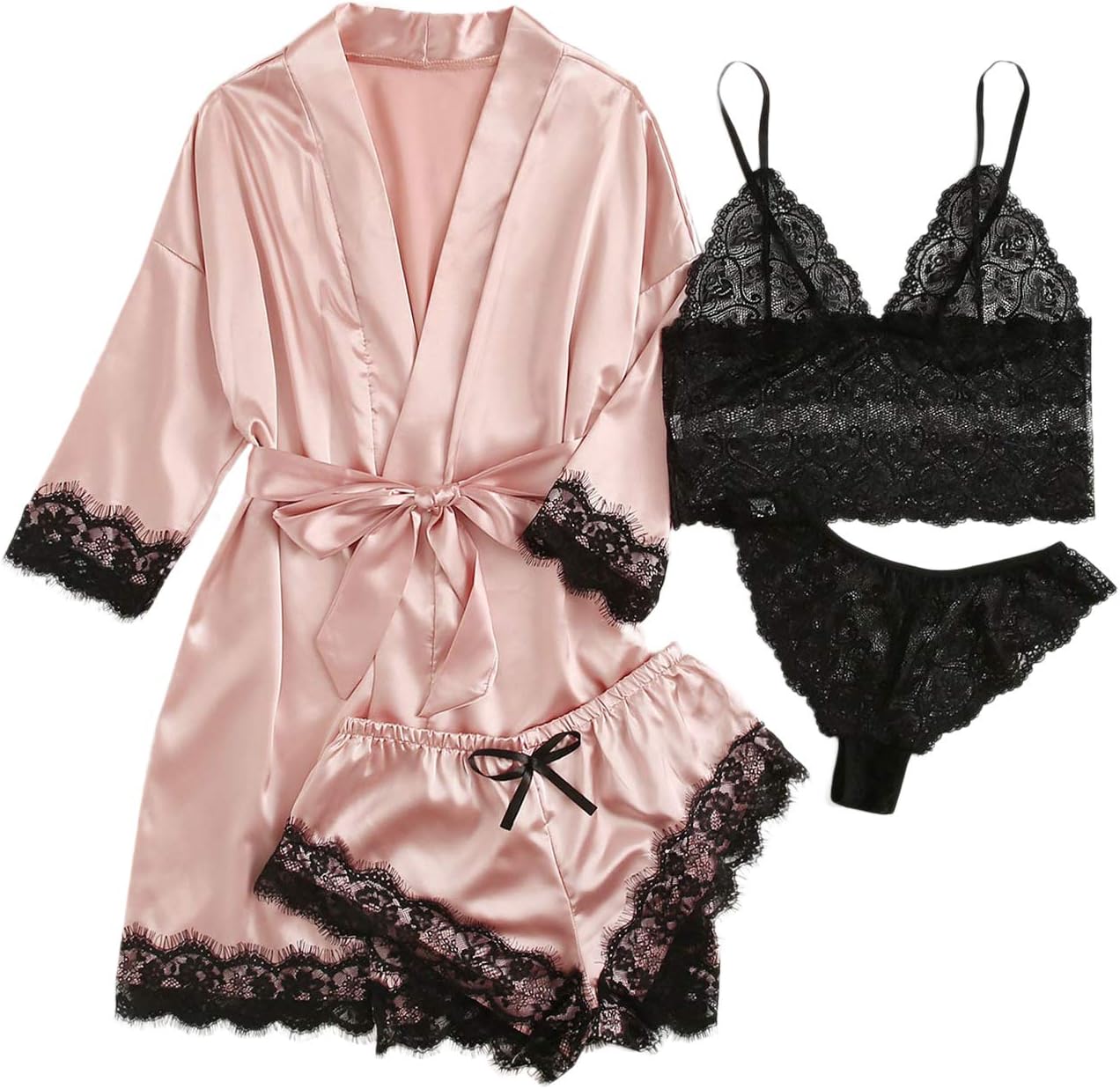 SOLY HUX Women’s Satin Pajama Set 4pcs Floral Lace Trim Cami Lingerie Sleepwear with Robe