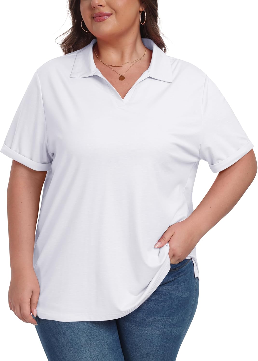 MoFiz Women’s Plus Size Golf Polo Shirts Loose Fit Short Sleeve V-Neck Tennis Workouts Tops, XL-5XL