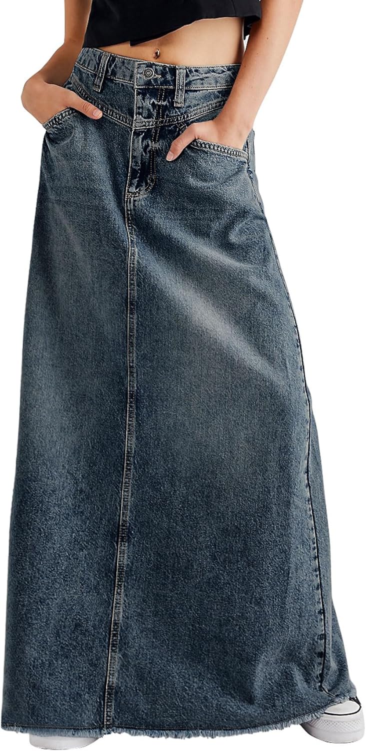 CHARTOU Women Vintage Denim Maxi Skirt Frayed Raw Hem High Waist A-Line Long Jean Skirt