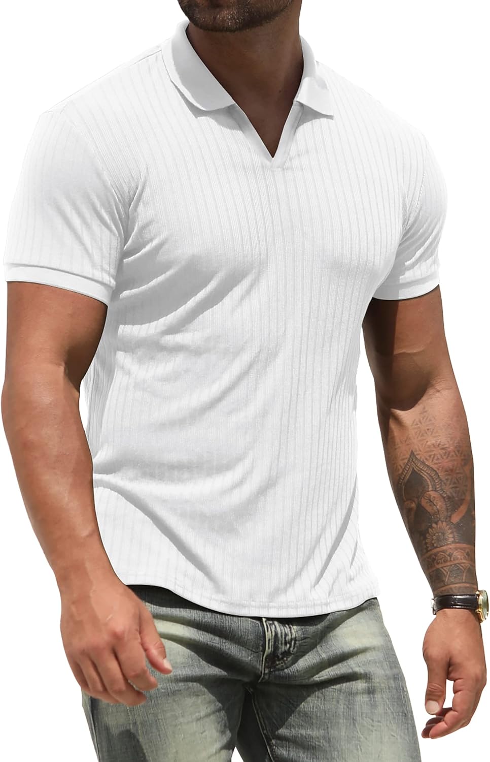 NITAGUT Polo Shirts for Men V Neck Slim Fit Short Sleeve Performance Golf Shirt Knit Soft Tees