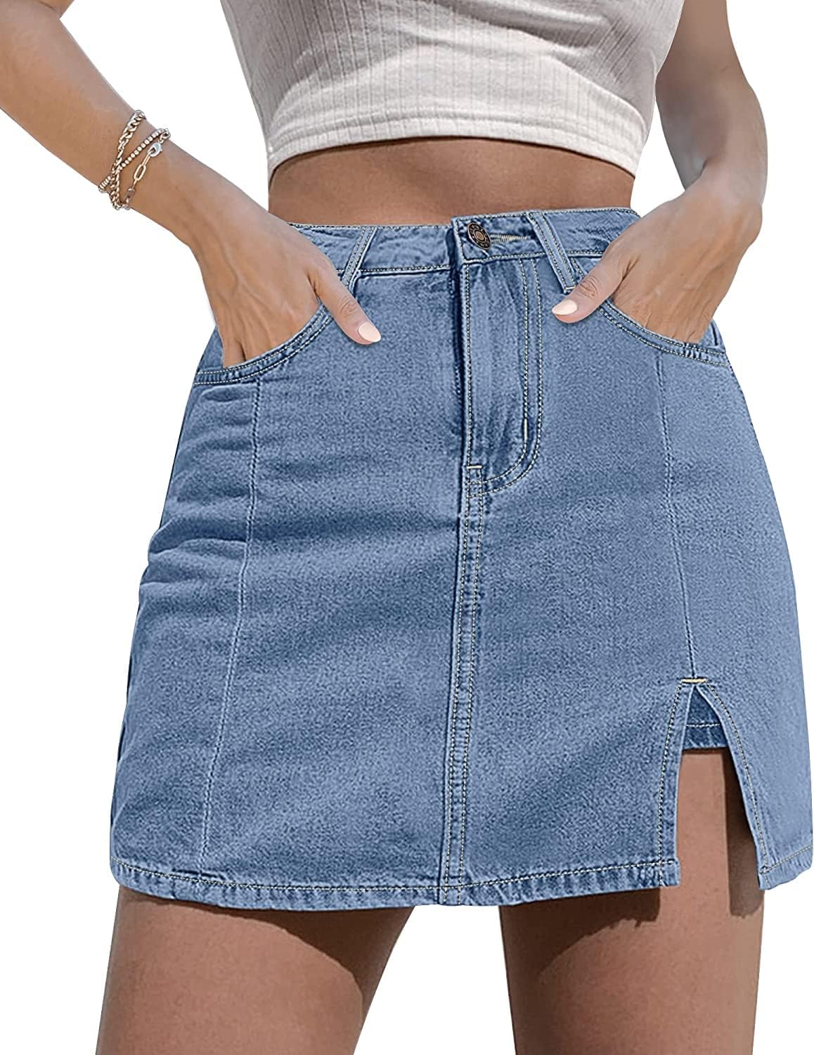 KINGFEN Women’s Casual Denim Mini Skirt Hem Split High Waist Jean Skirt Short Dress Summer