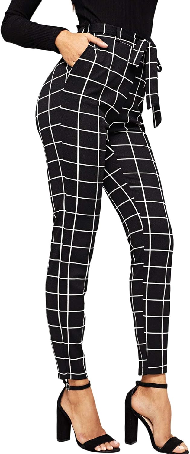 WDIRARA Women’s Stretchy Plaid Print Pants Soft Skinny Regular Fashion Leggings