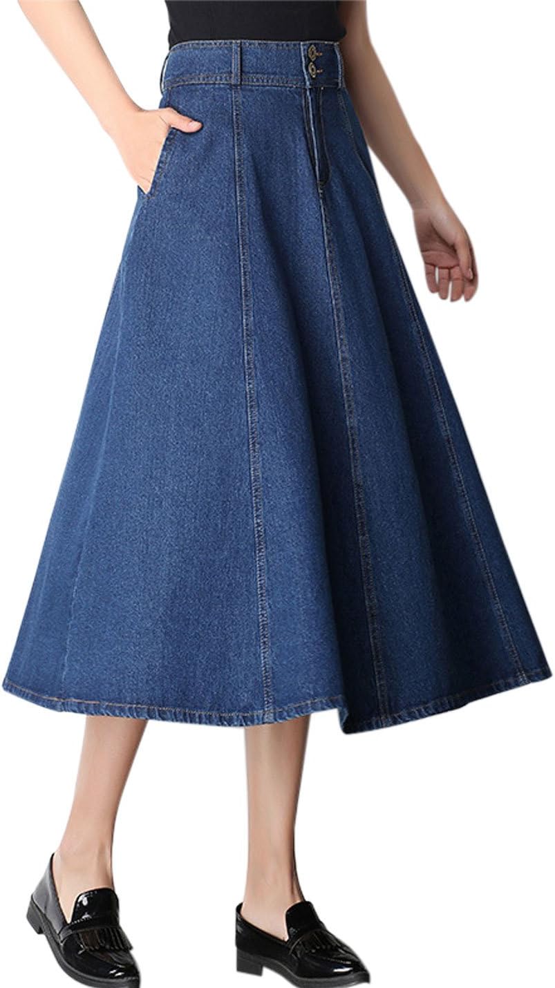 Tanming Women’s High Waist Pleated Long Denim Skirt