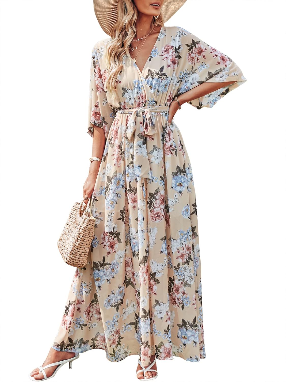 ANRABESS Women’s Summer Loose Boho Flowy Wrap V Neck 3/4 Sleeve Floral Print Slit Beach Wedding Guest Long Maxi Dresses 2024