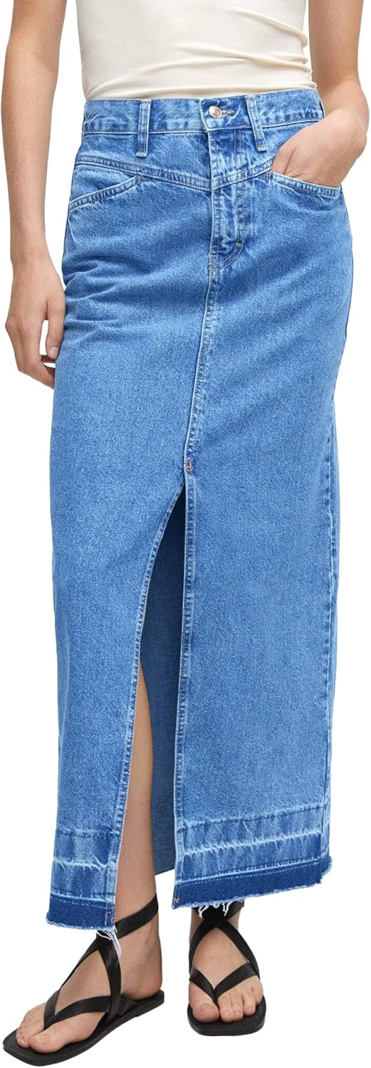 Wenrine Women’s High Waisted Denim Skirts Frayed Hem Front Split Jean Maxi Skirt with Pockets