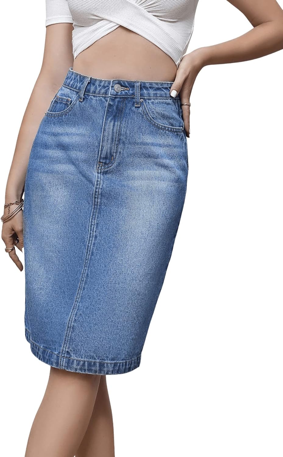 SweatyRocks Women’s Casual High Waist Jean Skirt Split Back Straight Hem Knee Length Denim Skirts