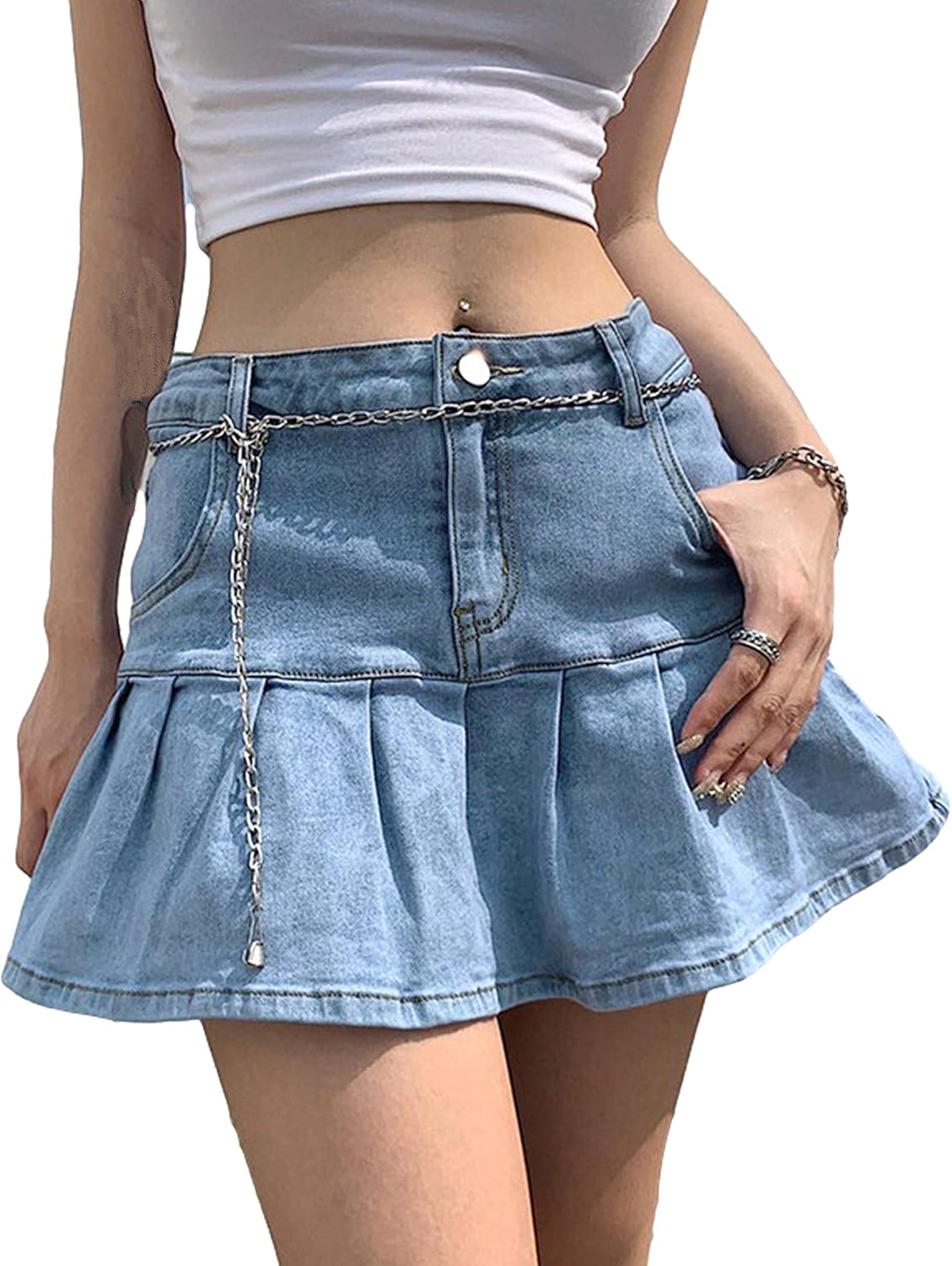 Yeokou Women’s Casual Slim A-line Pleated Ruffle Short Mini Denim Skirts