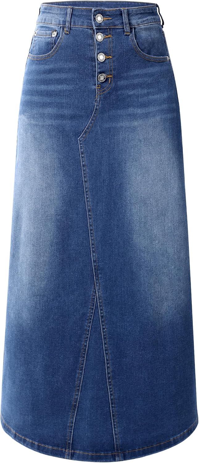 Womens Long Denim Skirt Casual A-Line Stretch Jean Skirt for Women High Waisted Vintage Denim Maxi Skirt with Pockets Blue