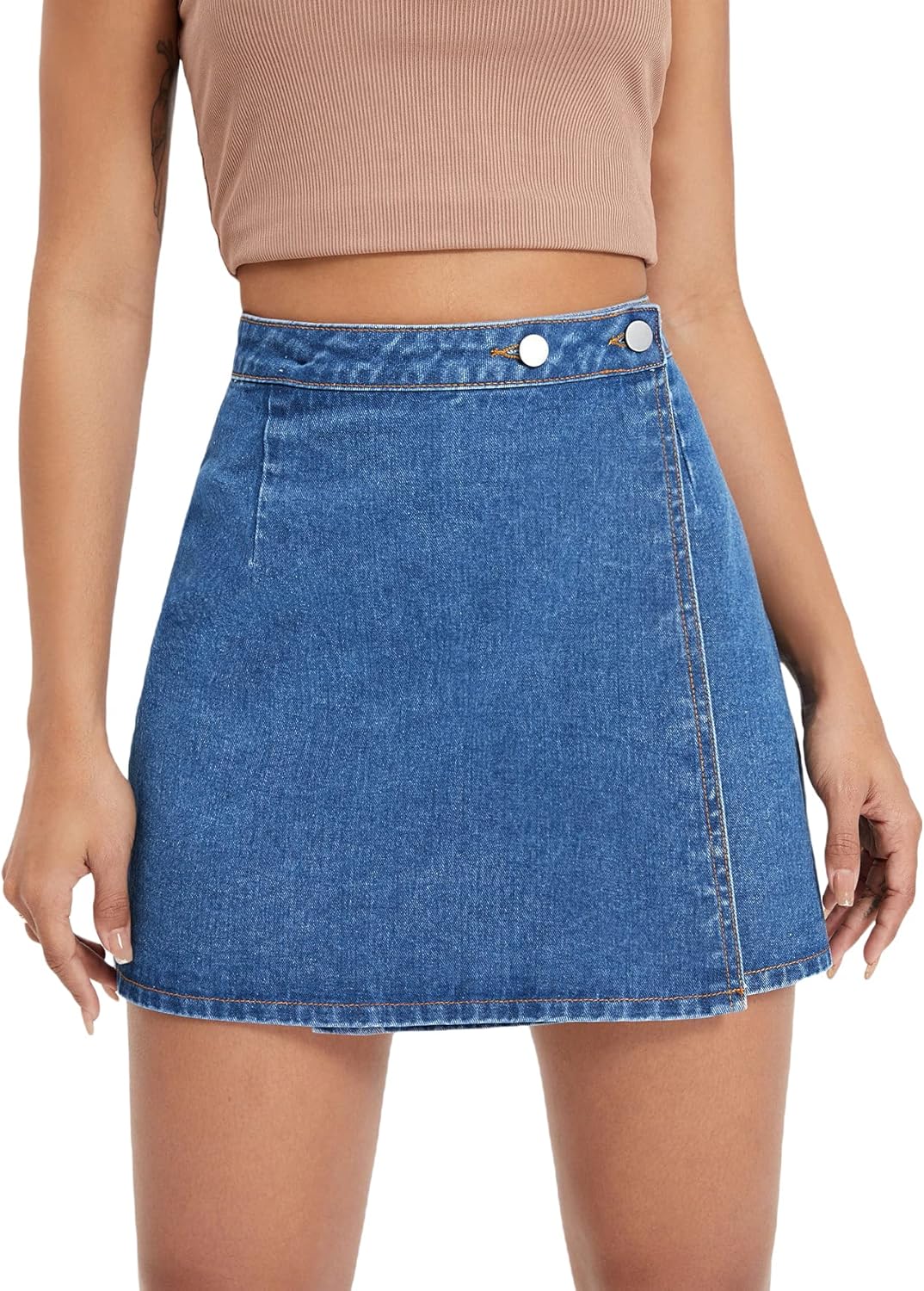 WDIRARA Women’s High Waisted A-Line Button Wrap Denim Jean Skirt Mini Skirt