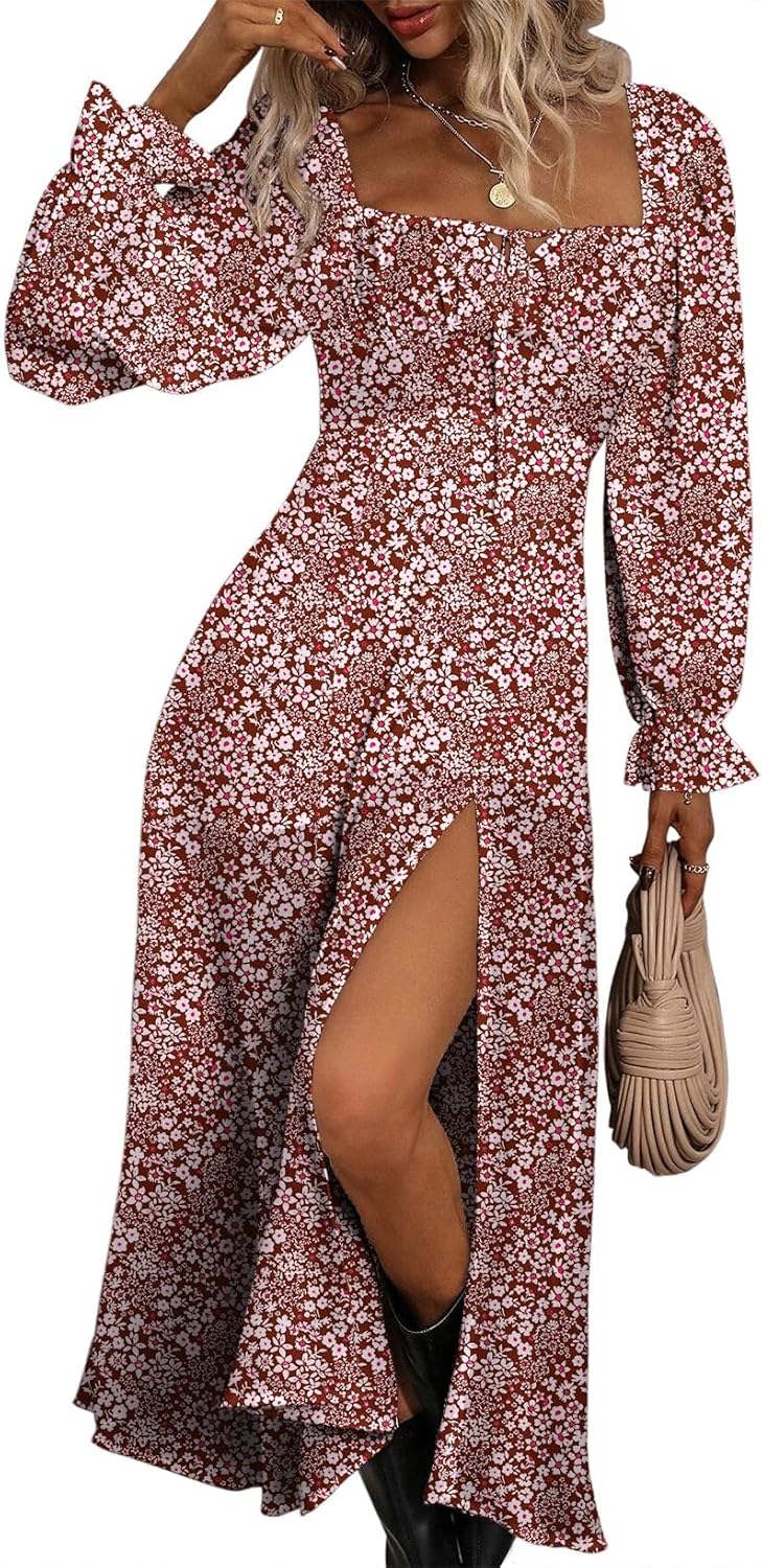 BLENCOT Women’s Floral Print Puff Long Sleeve Maxi Dress Sexy Square Neck Tie Front Ruffle Hem Split A-line Beach Dresses