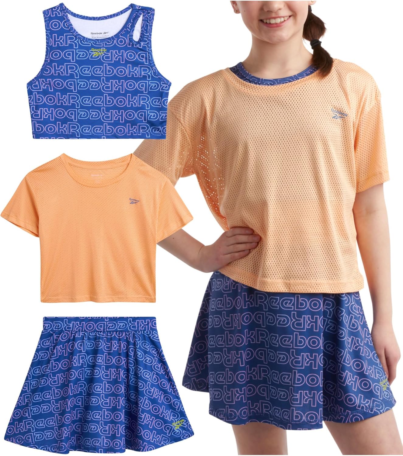 Reebok Girls’ Active Skirt Set – 3 Piece Mesh T-Shirt, Crop Tank Top, and Athletic Skort – Girls Summer Activewear Set (7-12)