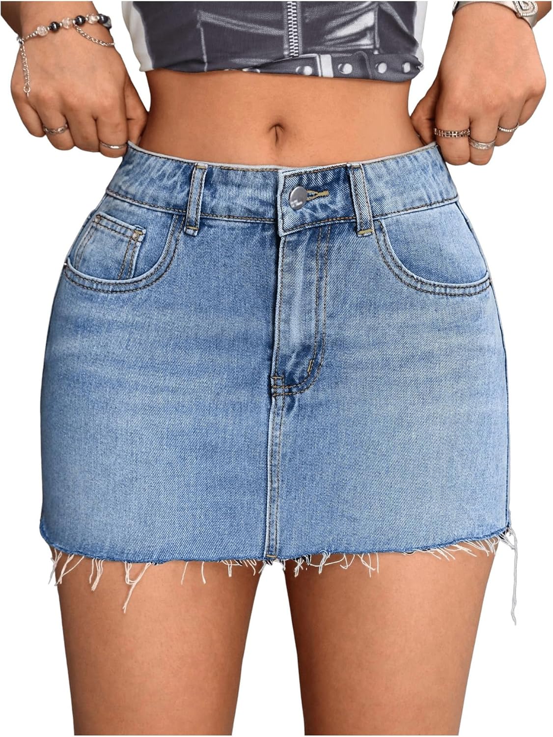 SHENHE Women’s Casual Ripped Jean Skirt Low Waist Raw Hem Mini Denim Skirts