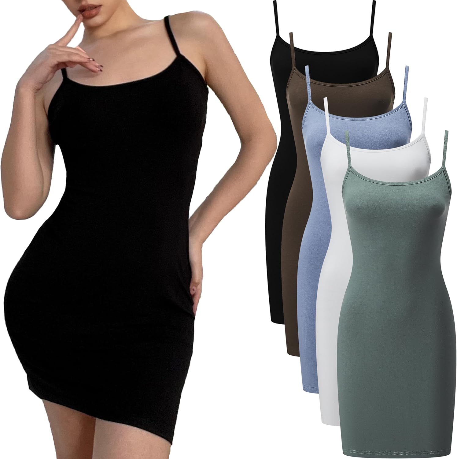 FMNNNN 5 Piece Womens Spaghetti Strips Sleeveless Tank Dresses Basic Bodycon Tops Mini Dress