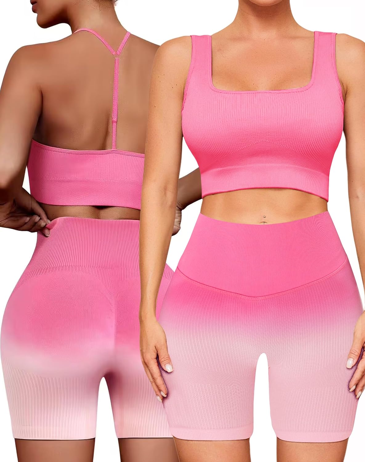 Workout Outfits Sets for Women 4 piece Seamless Backless Tank Sport Bra High Waist Short Yoga Gym Matching Active Set