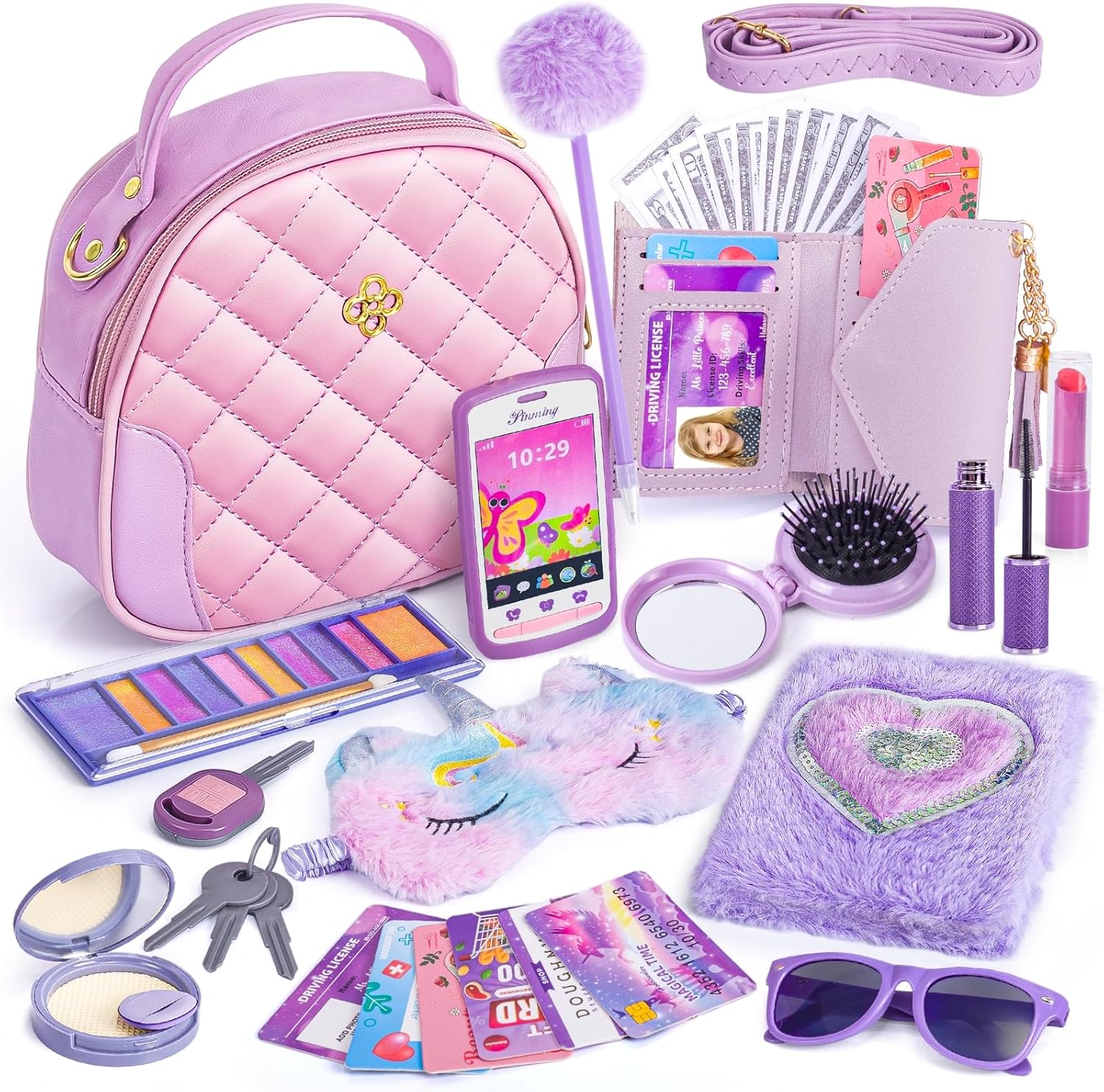 Little Girl Purse with Accessories, My First Purse Set – Play Makeup Diary Eye Mask Wallet Toy Phone Keys Sunglasses Credit Cards Kids, Princess Pretend Play Toy for Girl Age 3+