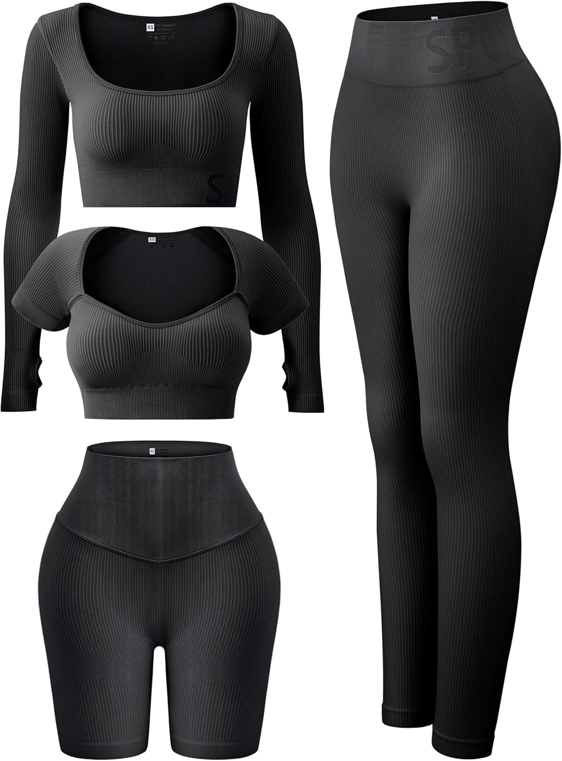 FINETOO Women’s 4 Piece Workout Outfits Ribbed Seamless Long Sleeve Crop Sports Tops Tank High Waist Yoga Leggings Sets