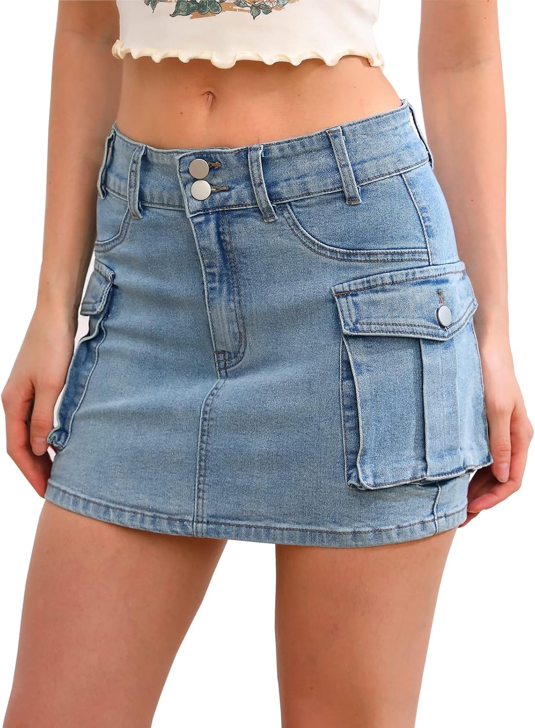 Low Waist Cargo Skirt Women Button Mini Cargo Denim Skirt with Pocket Mini Skirt