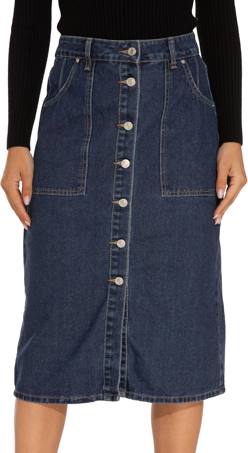 GUANYY Women’s Vintage Long Denim A-Line Skirt with High Waist and Button Front