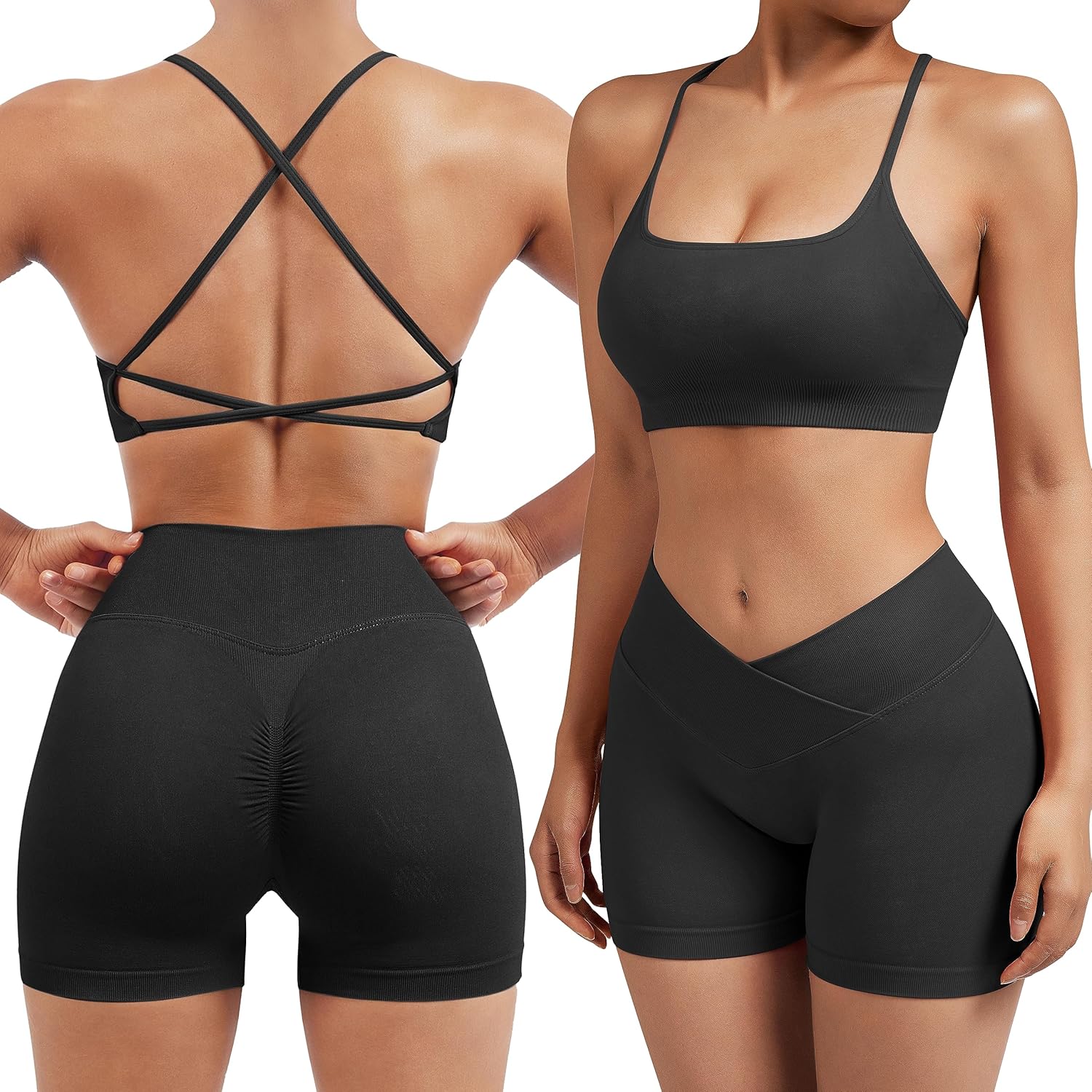 SUUKSESS Women V Cross Workout Sets Strappy Sports Bra High Waist Booty Shorts