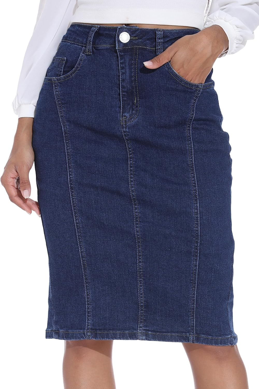 GUANYY Womens Denim Skirt-High Waisted Knee Length Slim Fit Pencil Stretch Jean Skirt